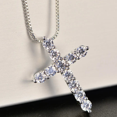 Crystal Cross Pendant Silver Chain Necklace - Fashionable Women's Jewelry Gift