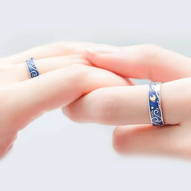 Adjustable Van Gogh Starry Night Couple Rings: Silver with Blue Stars - Valentine's Jewelry