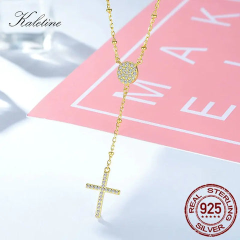 KALETINE 925 Sterling Silver Rosary Necklaces Trendy Gold Jewelry Cross Charms Turkey Evil Eye Necklace Women Accessories Men